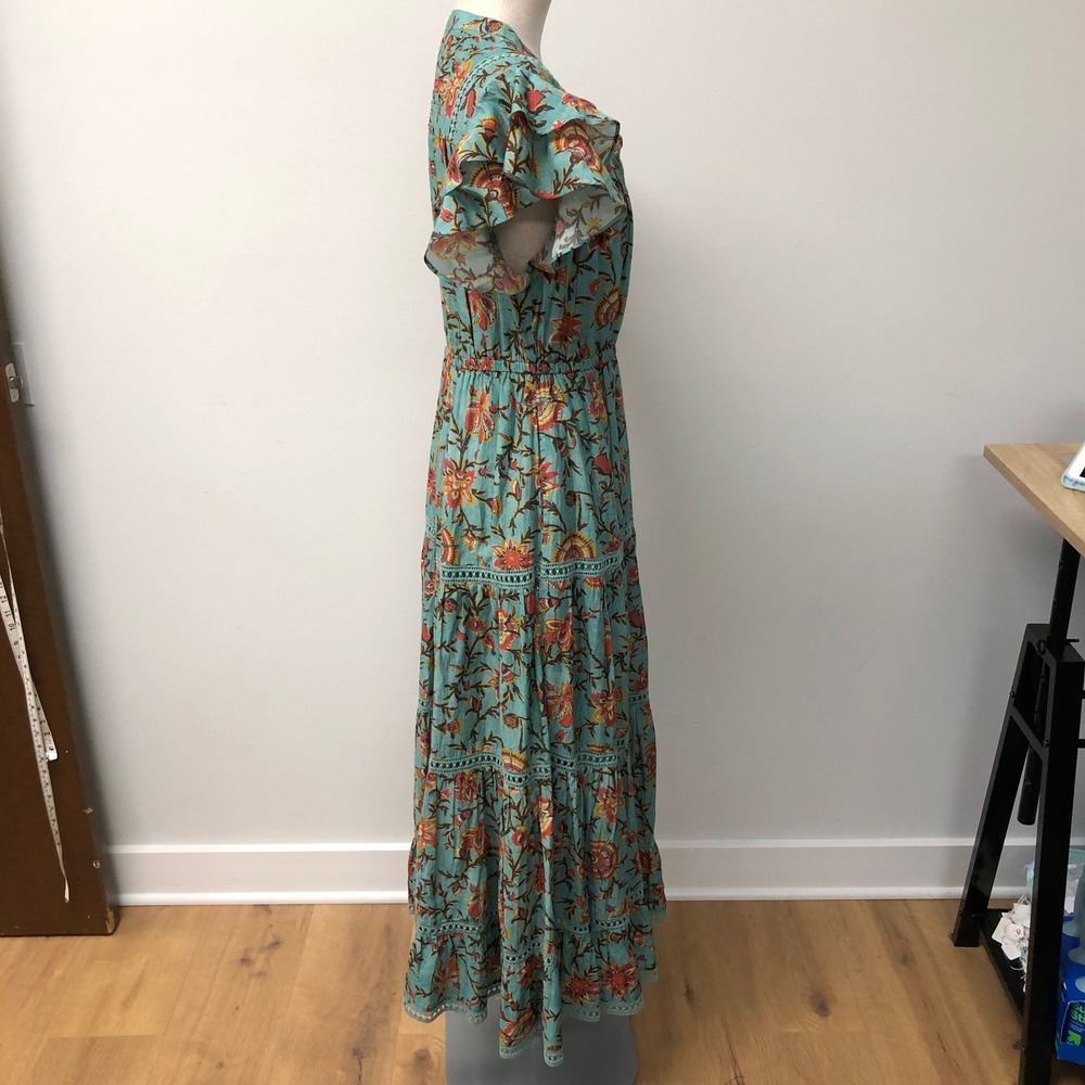 Sundance Maxi Dress Womens Medium Teal Floral Silk Blend Boho Ruffle Tiered - Picture 4 of 10